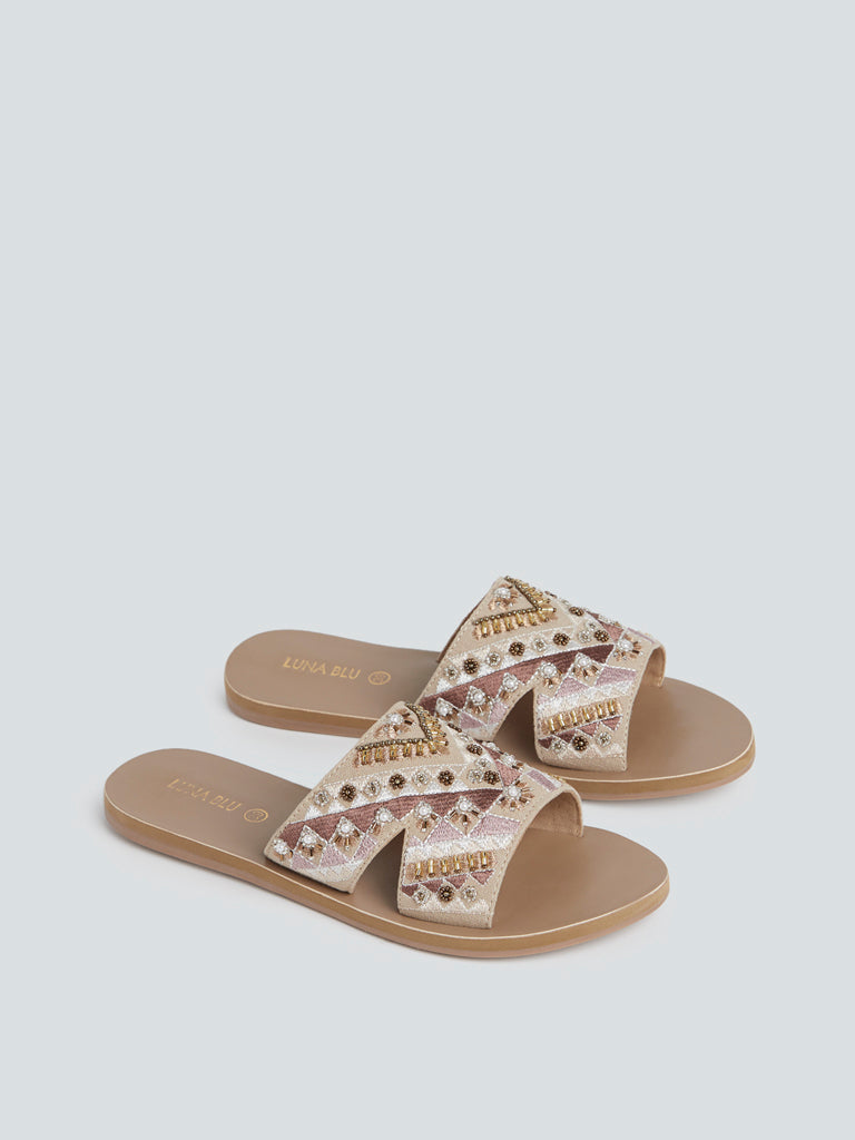 LUNA BLU Beige Embellished Artisanal Sandals